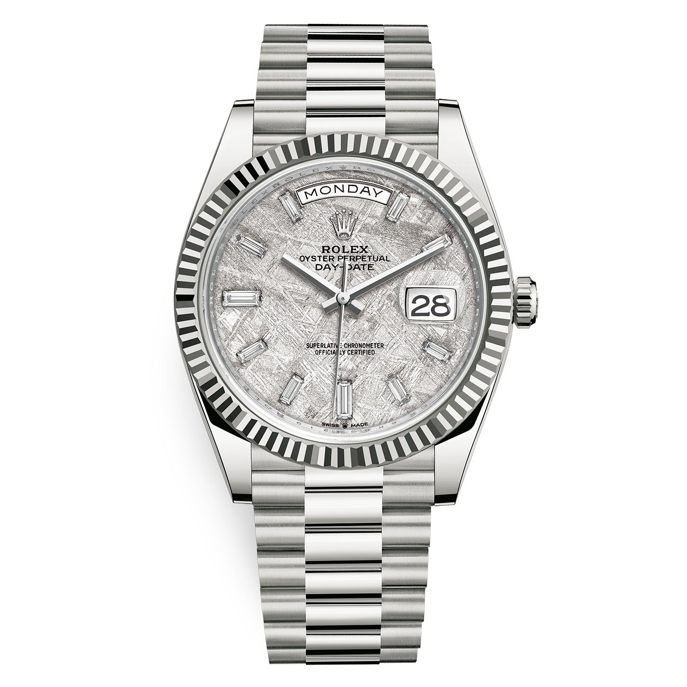 228239-0055.jpg Rolex 228239-0055 Day-Date Meteorite Baguette Diamond Dial 40mm White Gold Mens Watch - Image 1