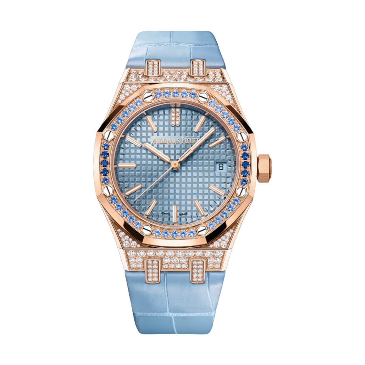 AP-15551OR.ZS_.D344CR.01-blue-bluealligator.jpg Audemars Piguet 15551OR.ZS.D344CR.01 Royal Oak Light Blue Dial Light Blue Alligator Strap - Image 1