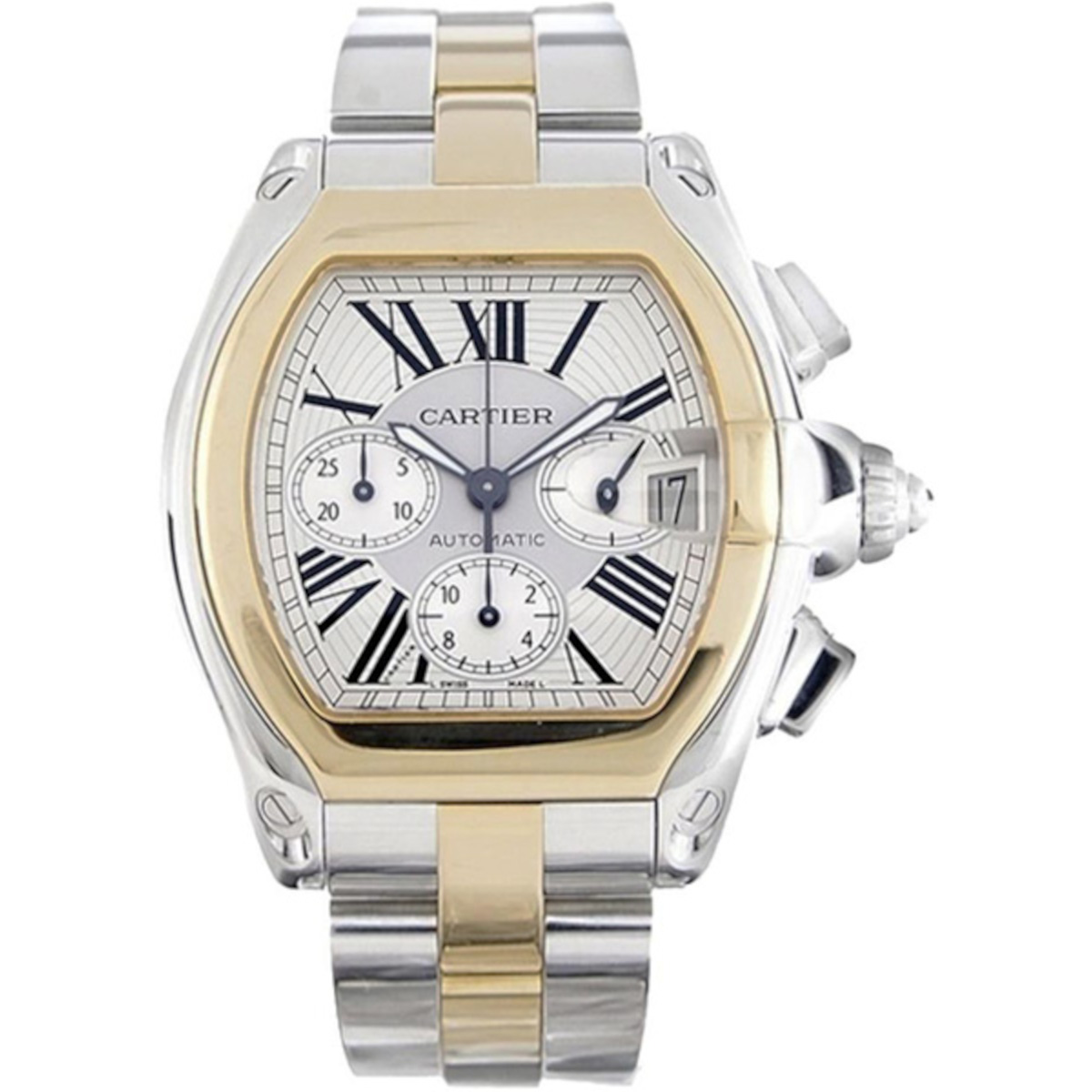 Cartier-Roadster-XL-W62027Z1-Silver-Sunray-Effect-Dial-Steel-and-Gold-Bracelet-Watch.jpg Cartier Roadster XL W62027Z1 Silver Sunray-Effect Dial Steel and Gold Bracelet Watch - Image 1