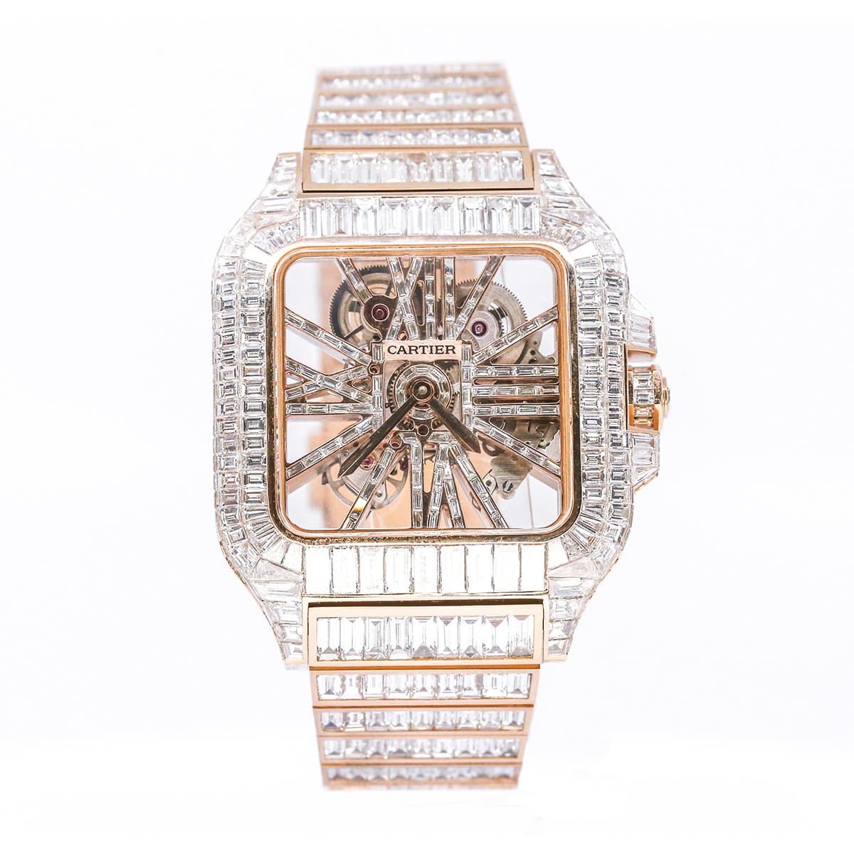 Cartier-WHSA0007-iced-rose-gold.jpeg Cartier Santos Skeleton Iced Out Diamonds & Rose Gold Watch - Image 1
