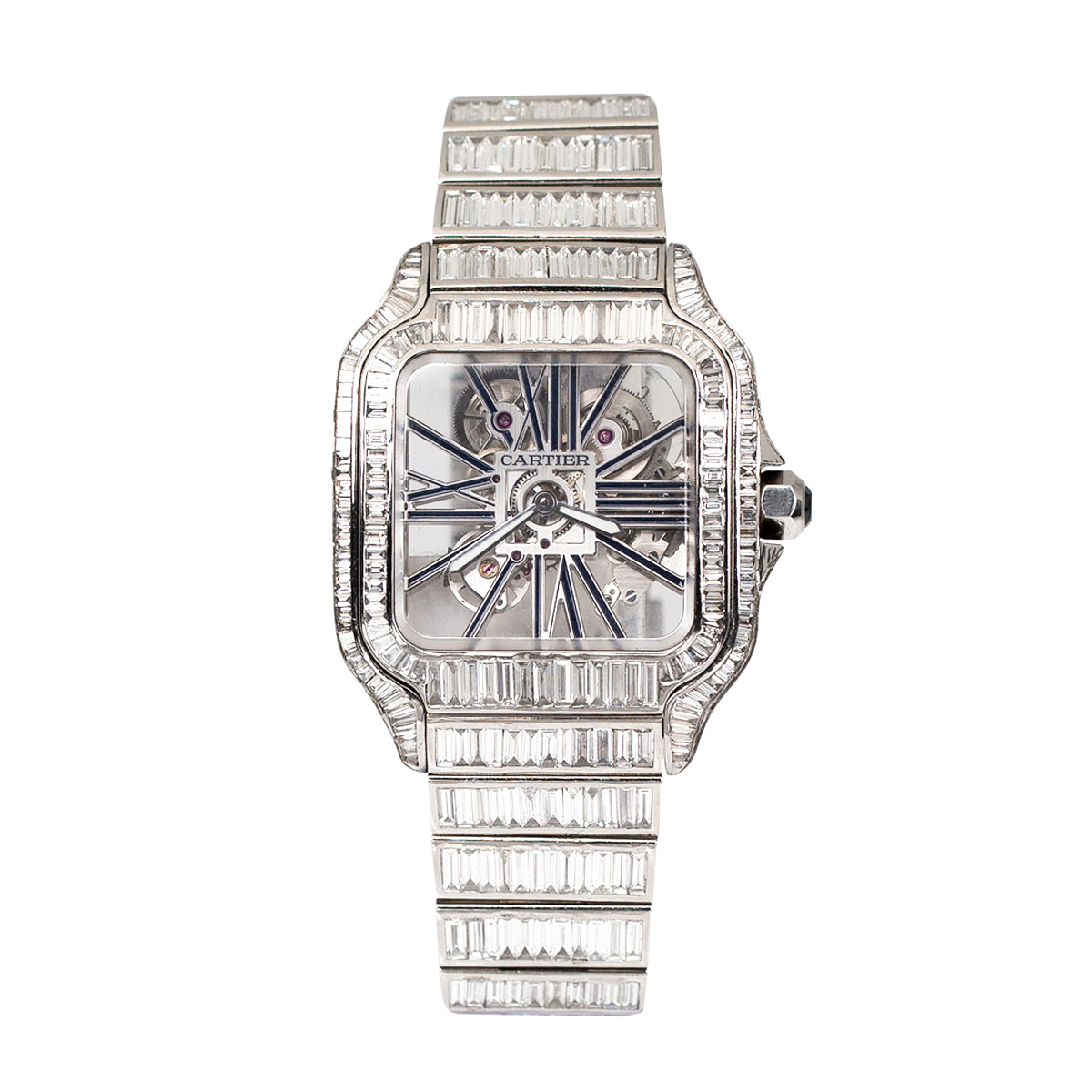Cartier-WHSA0026-stock.jpg Cartier WHSA0026 Aftermarket Baguette cut Natural Diamonds Skeleton Large Watch - Image 1
