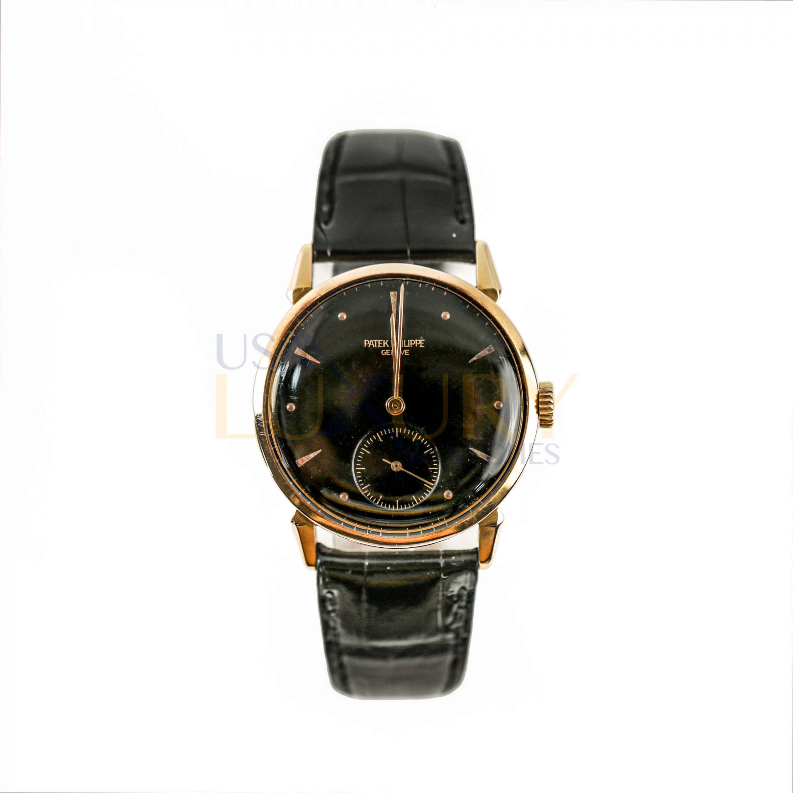 Patek-Philippe-1578-1-scaled-1.jpg Patek Philippe 1578 Calatrava Aftermarket Black Dial Rose Gold Black Strap 35mm Watch - Image 1