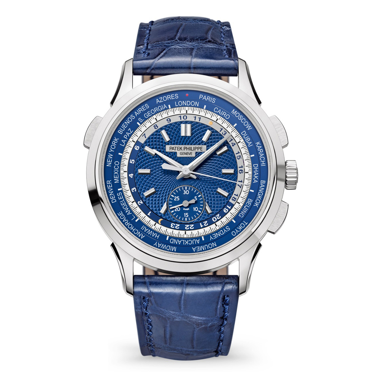Patek-Philippe-Complications-5930G-010.jpg Patek Philippe 5930G-001 Complications Blue Opaline Guilloched Index White Gold Men’s Watch - Image 1