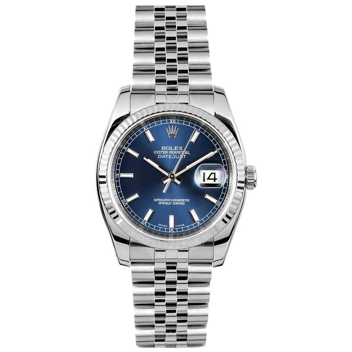 Rolex-116234-blue-stick-1.jpg Rolex Datejust 116234 Blue Index Dial Jubilee Bracelet 36mm Watch - Image 1
