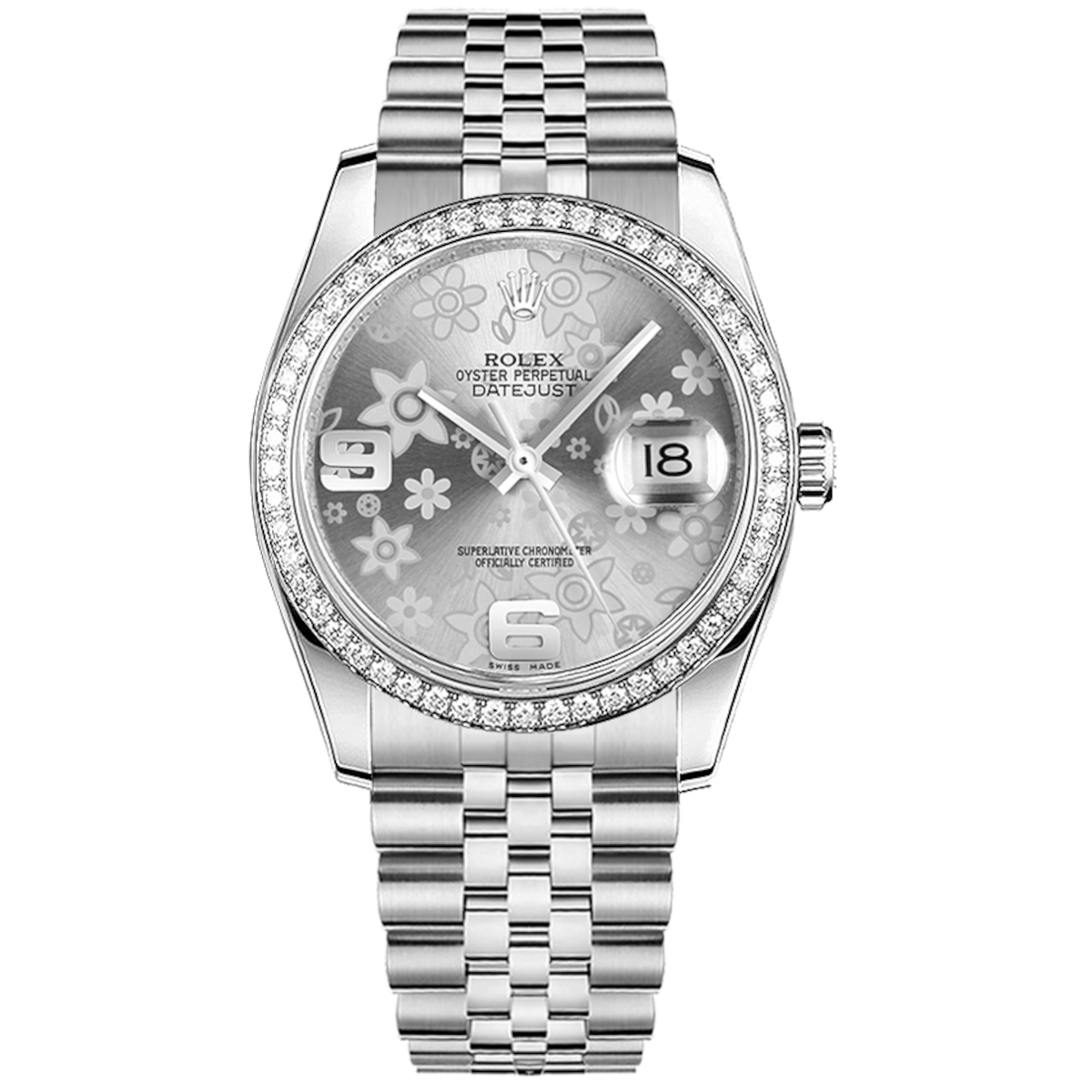 Rolex-116244-0002-silverfloralarabic-diamondset-jubilee.jpg Rolex Datejust 36mm 116244-0002 Silver Floral Motif Dial Jubilee Bracelet - Image 1