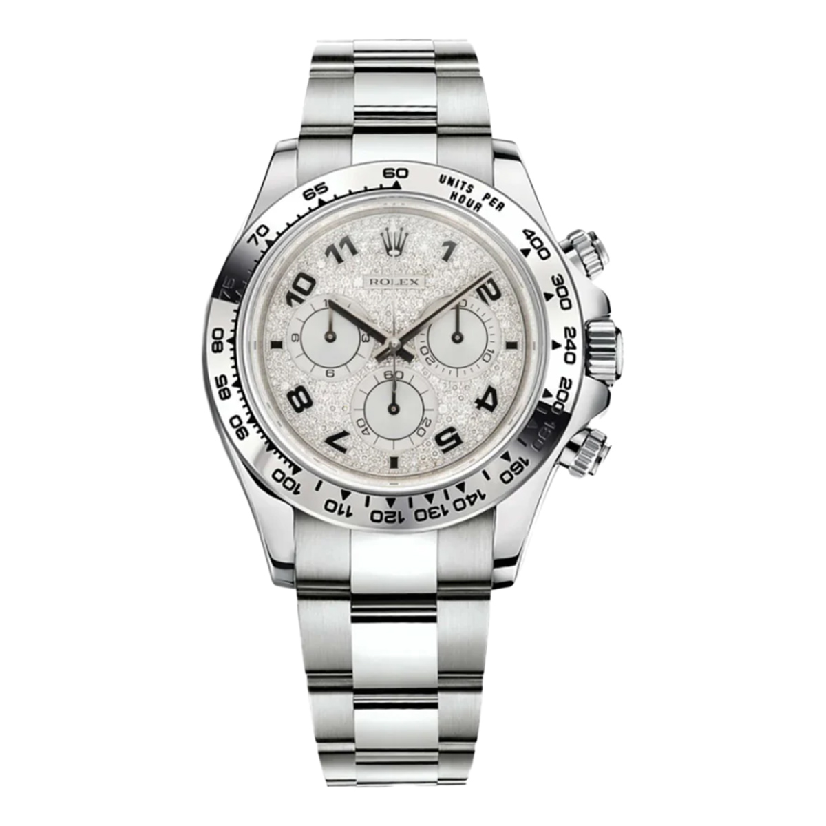Rolex-116509-paved-arabic-stock-1.jpg Rolex 116509 Cosmograph Daytona Pave Diamond Arabic Dial Oyster White Gold 40mm - Image 1