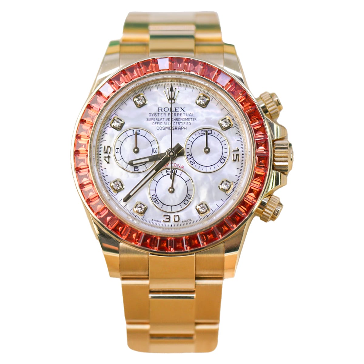 Rolex-116578SACO-stock.jpg Rolex 116578SACO Daytona MOP Diamond Dial Orange Sapphire Bezel Yellow Gold Oyster Bracelet 40mm Watch - Image 1
