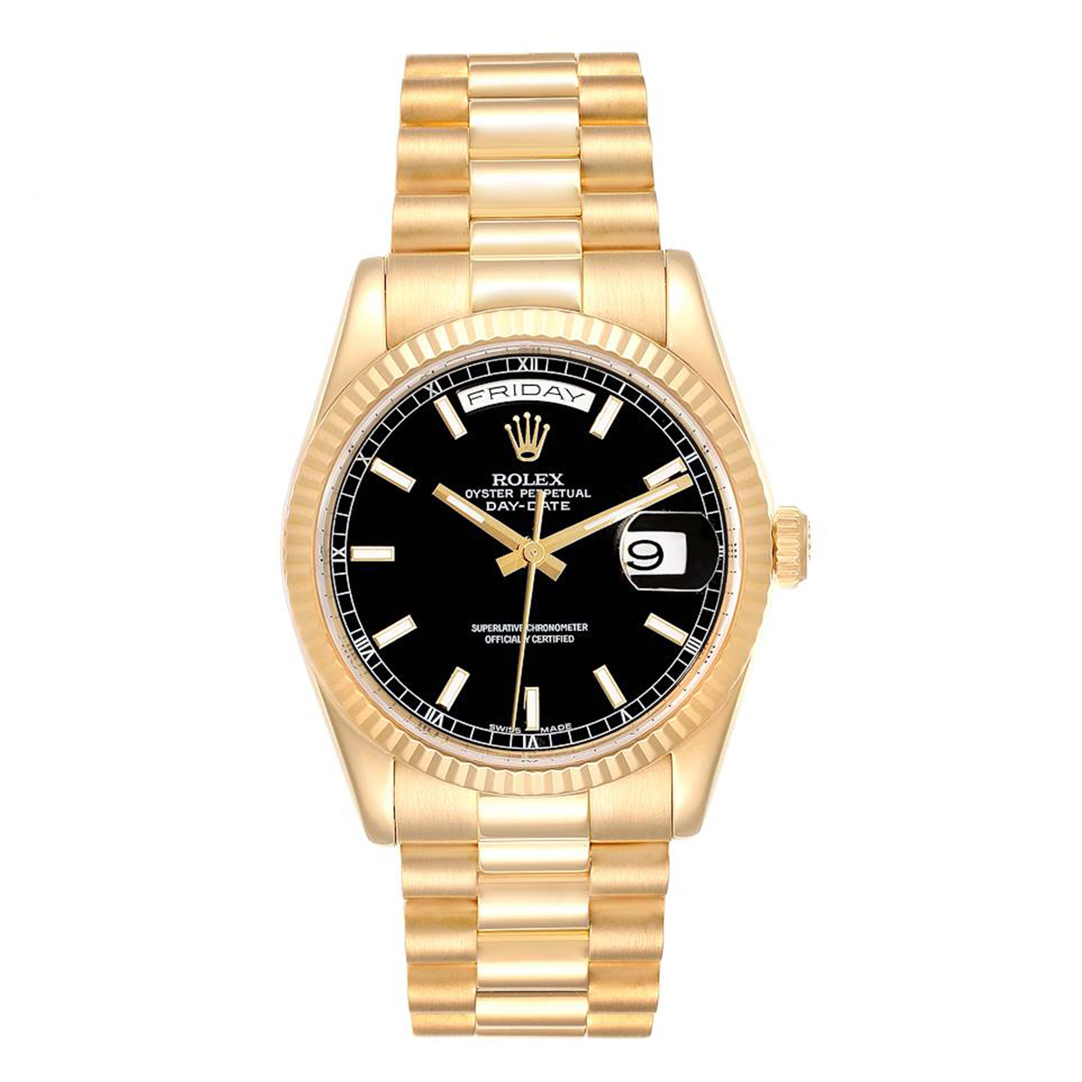 Rolex-118238-black-stick-1.jpg Rolex Day-Date 118238 Black Stick Dial 18K Yellow Gold President Automatic 36mm Watch - Image 1