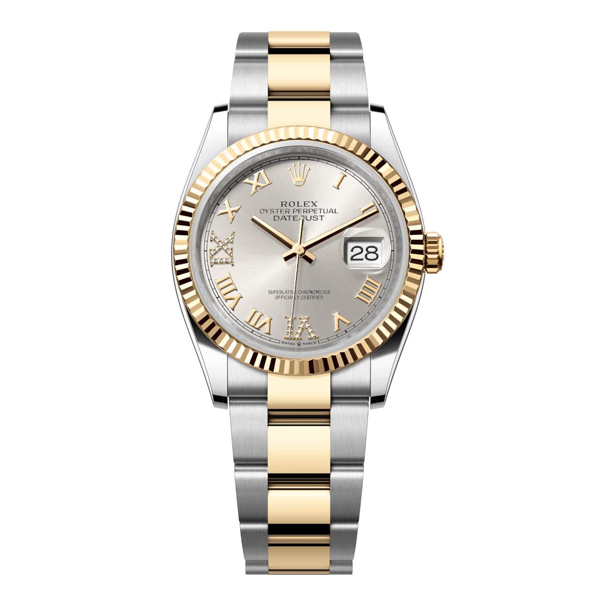 Rolex-126233-0032-silverdiamonds-fluted-oyster.jpg Rolex Datejust 126233-0032 Silver 36mm Dial Oyster Bracelet Watch - Image 1