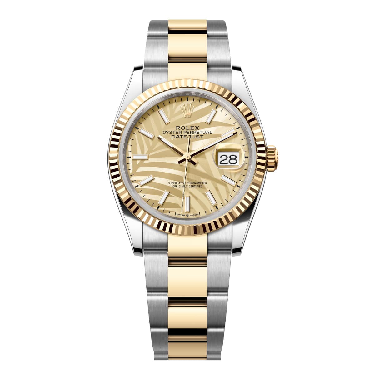 Rolex-126233-0038-goldenpalm-fluted-oyster.jpg Rolex Datejust 126233-0038 Golden Palm Motif 36mm Dial Oyster Bracelet Watch - Image 1