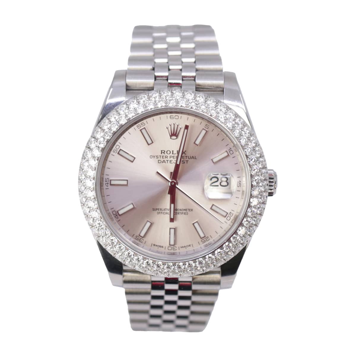 Rolex-126300-silver-aftermarket-stock.jpg Rolex 126300 Silver Stick 41mm Dial Aftermarket Diamond Bezel - Image 1