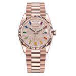 Rolex 128235-0039 Day-Date 18k Everose Gold President Rainbow Diamond Dial Watch