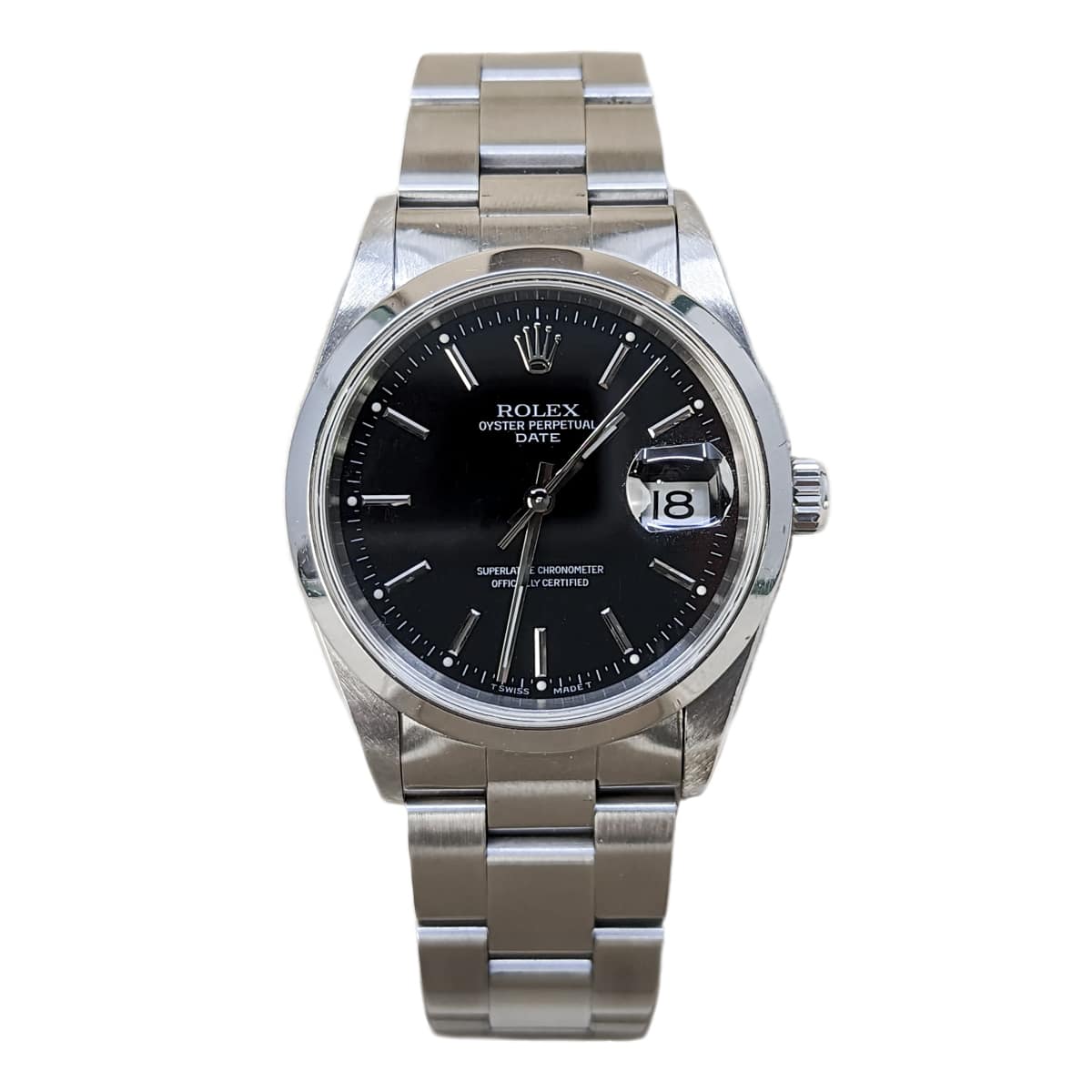 Rolex-15210-black-dial.jpg Rolex 15210 Oyster Perpetual Black Stick Dial 34mm Stainless Steel Smooth Bezel Watch - Image 1