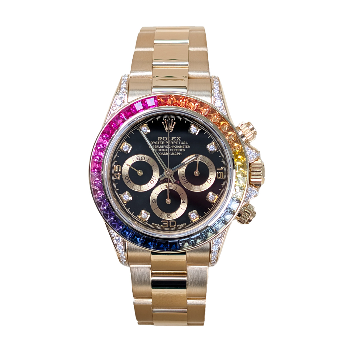 Rolex-16528-aftermarket-rainbow-bezel-stock.jpg Rolex Daytona 16528 40mm with Aftermarket Bezel Rainbow Dial Lugs 18k Yellow Gold Watch - Image 1