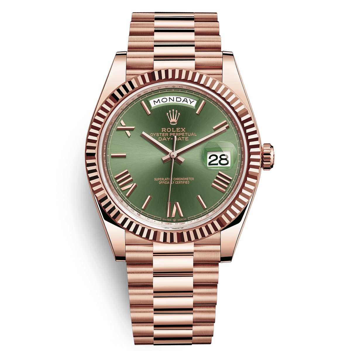Rolex-228235-olive-green.jpg Rolex Everose Gold Day-Date 228235-0025 Olive Green Dial Watch - Image 1