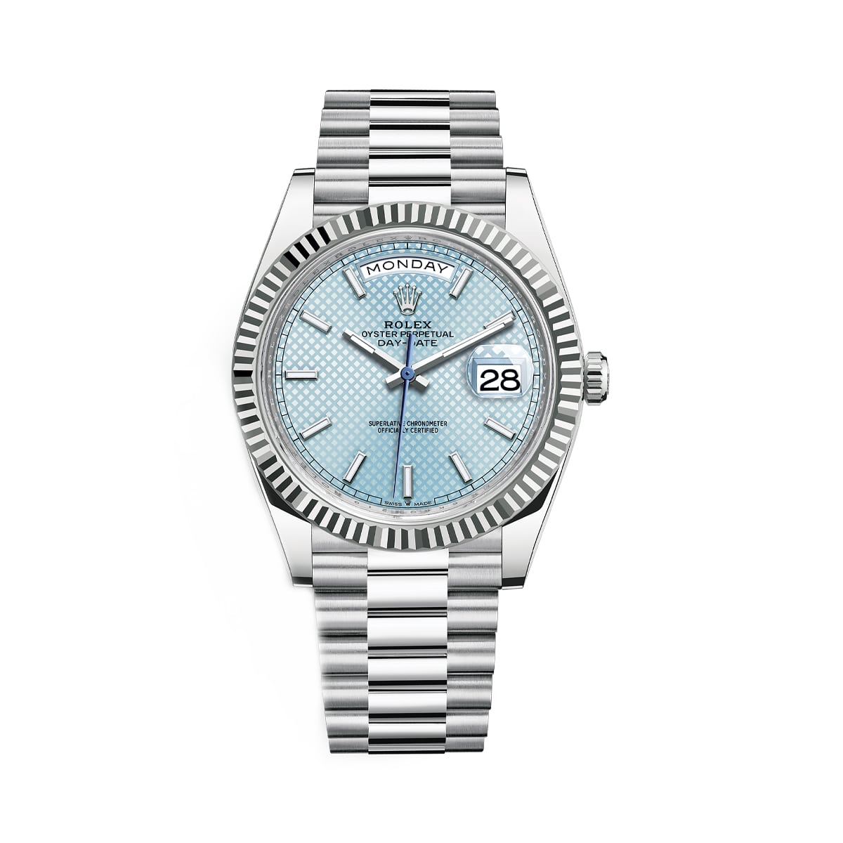 Rolex-228236-iceblue-diagonal.jpg Rolex Day-Date 228236 Ice Blue Diagonal Motif Dial Platinum President Bracelet Watch - Image 1