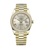 Rolex Day-Date 228348RBR-0007 Silver Roman Dial and Diamond Bezel Yellow Gold President Bracelet 40mm