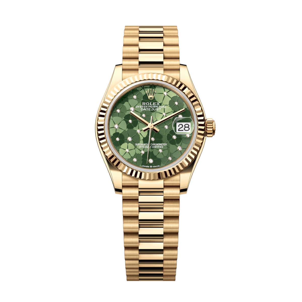 Rolex-278278-0046-greenfloral-fluted-president.jpg Rolex Datejust 278278-0046 Olive Green Floral Motif 31mm President Bracelet Watch - Image 1