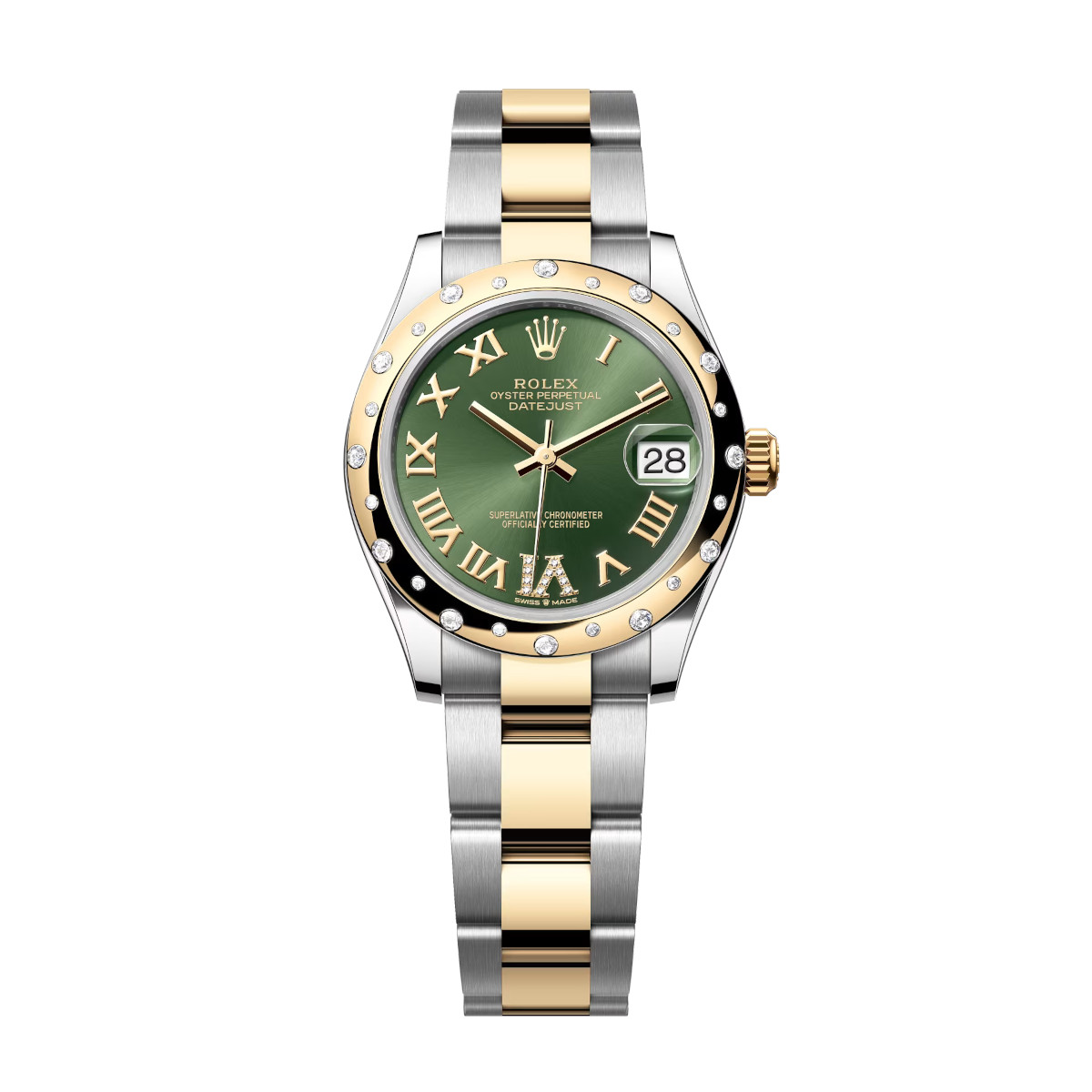 Rolex-278343rbr-0015-greenromandiamond-domeddiamond-oyster.jpg Rolex Datejust 31mm 278343RBR-0015 Olive Green Dial Yellow Rolesor Oyster Watch - Image 1