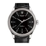Rolex Cellini 50509 Black Diamond Dial Leather Strap Time 39mm Watch