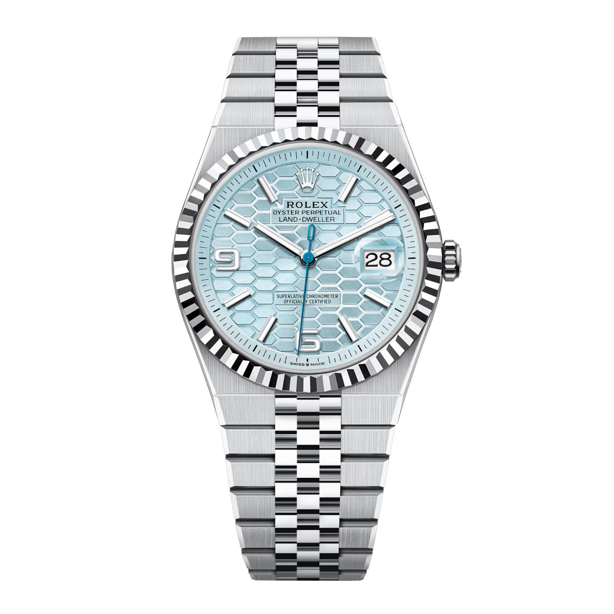 Rolex-Land-Dweller-127336-0001-Blue-Honeycomb-Dial-Platinum-Jubilee-Bracelet.jpg Rolex Land-Dweller 127336-0001 Blue Honeycomb Dial Platinum Jubilee Bracelet - Image 1
