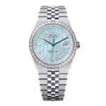 Rolex Land-Dweller 127386TBR-0001 Blue Honeycomb Dial Diamond Platinum Jubilee Bracelet
