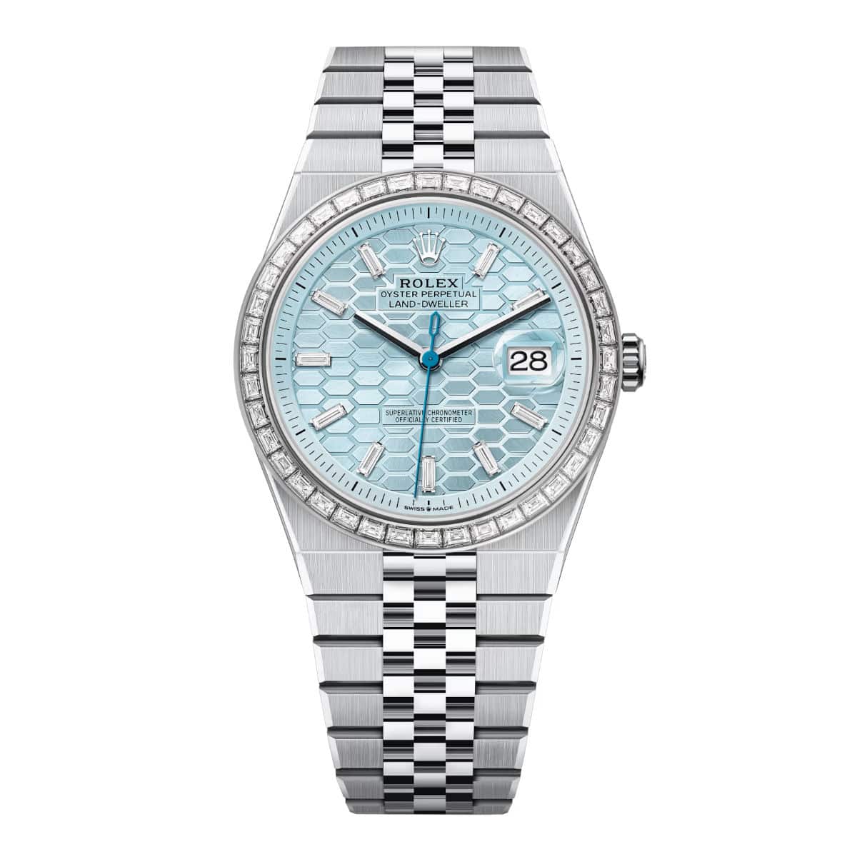 Rolex-Land-Dweller-127386TBR-0001-Blue-Honeycomb-Dial-Diamond-Platinum-Jubilee-Bracelet.jpg Rolex Land-Dweller 127386TBR-0001 Blue Honeycomb Dial Diamond Platinum Jubilee Bracelet - Image 1