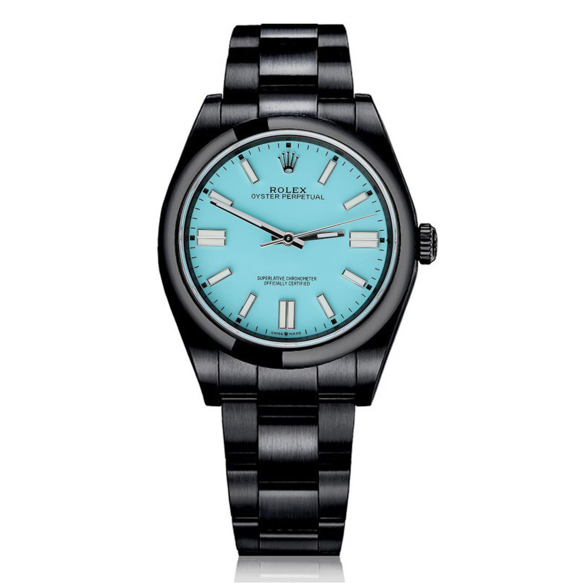 Rolex-Oyster-Perpetual-114300-Tiffany-Blue-Dial-Black-PVD-Oyster-Bracelet-Watch.jpg Rolex Oyster Perpetual 114300 Aftermarket Tiffany Blue Dial Black PVD Oyster - Image 1