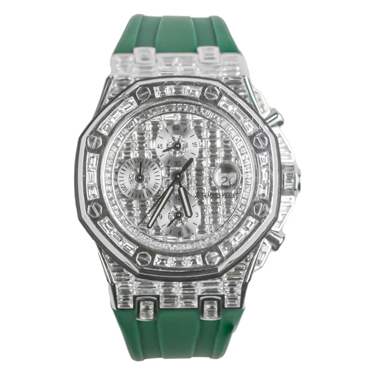 audemars-piguet-26170ST-green.jpg Audemars Piguet 26170ST Royal Oak Offshore Iced Out Green Strap Aftermarket Diamond Dial and Case Watch - Image 1