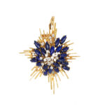 Diamond Sapphire Jewelry Set of Ring, Earrings and Brooch 18K Yellow Gold - Image 2