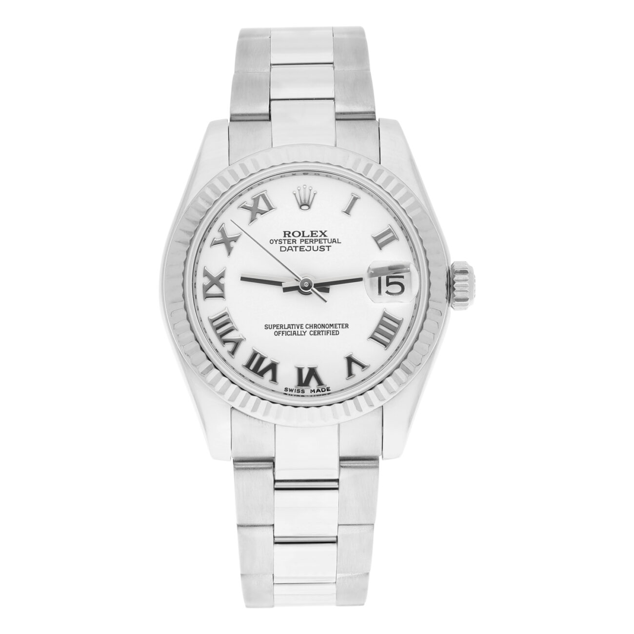 product267-rolex-datejust-31mm-stainless-steel-white-roman-dial-oyster-watch-image1.jpg Rolex Datejust 31mm Stainless Steel White Roman Dial Oyster Watch 178274 - Image 1
