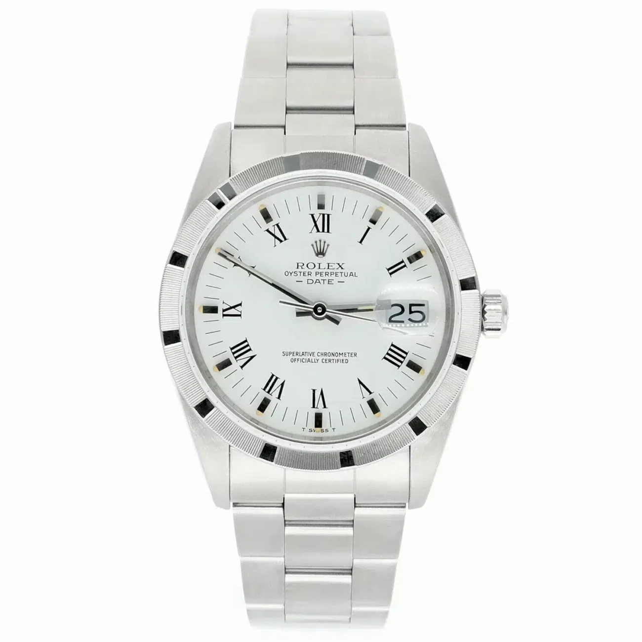 product273-rolex-oyster-perpetual-date-15010-stainless-steel-white-roman-dial-image1.webp Rolex Oyster Perpetual Date 15010 Stainless Steel White Roman Dial - Image 1