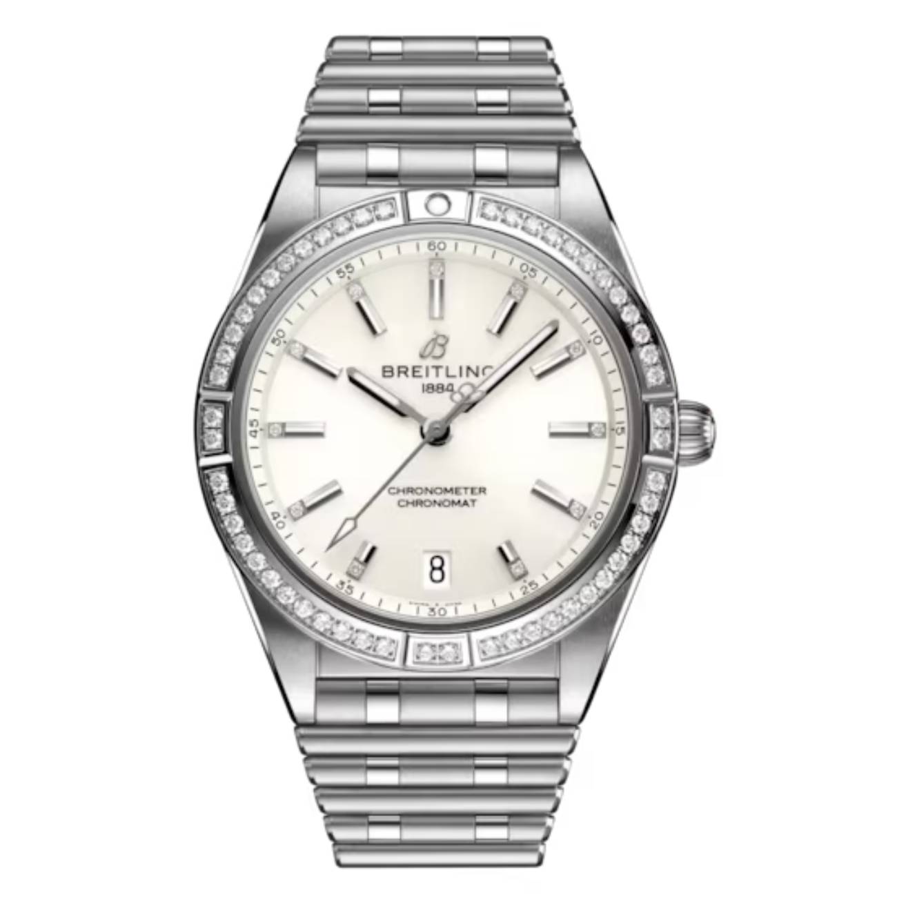 product309-breitling-chronomat-a10380591a1a1-36mm-2025-white-dial-gem-set-steel-image1.jpg Breitling Chronomat A10380591A1A1 36MM White Dial Gem-Set Steel - Image 1