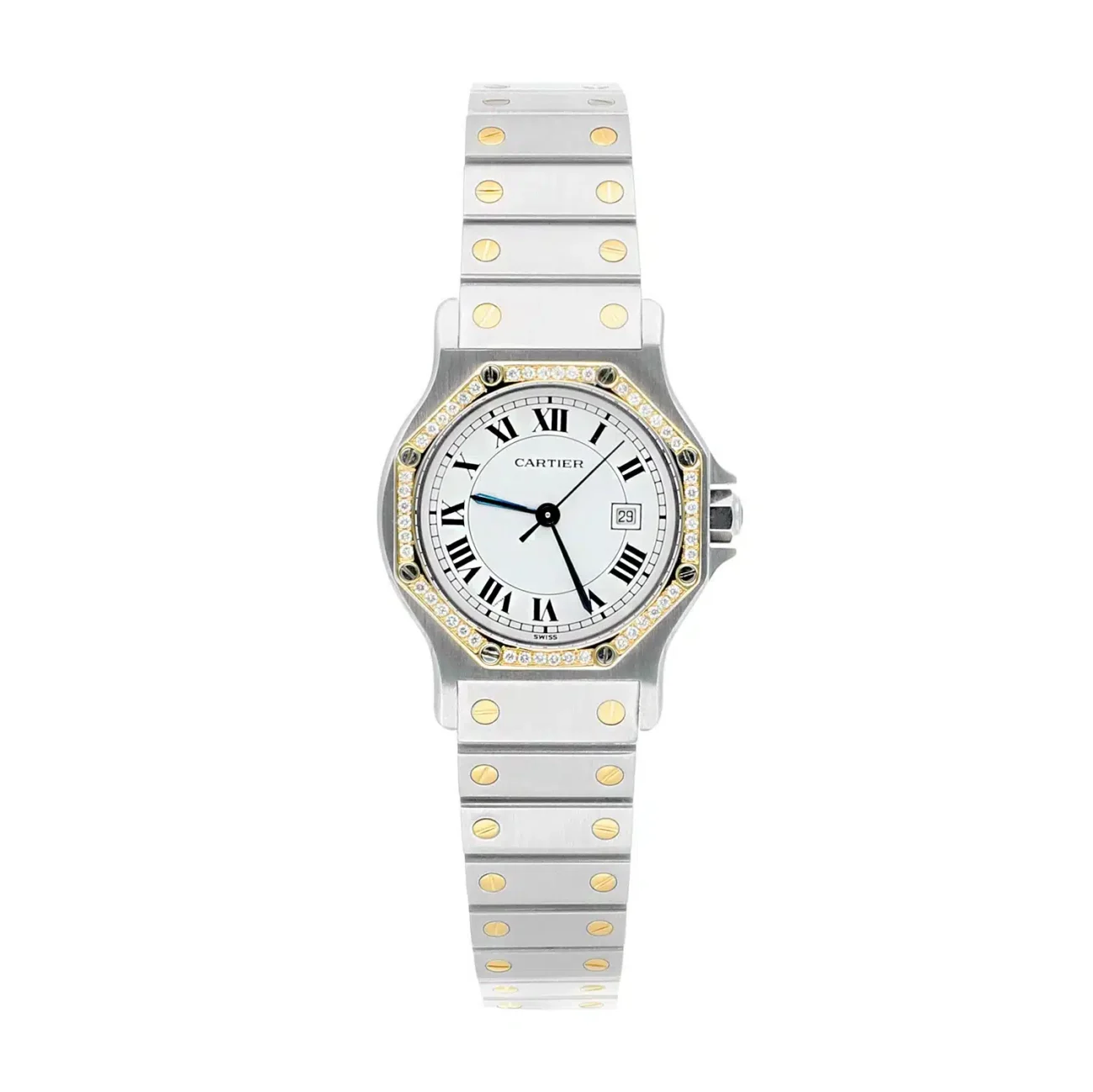 product444-cartier-santos-29mm-octagon-white-dial-gold-diamond-watch-image1.webp Cartier Santos 29MM Octagon White Dial Gold Diamond Watch - Image 1