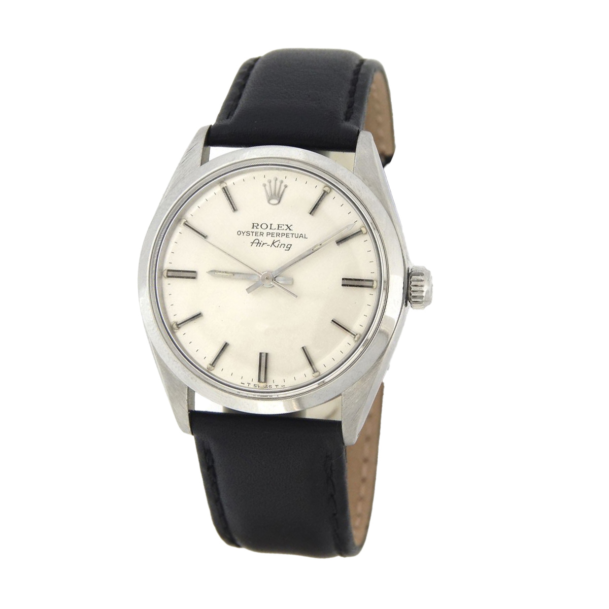 rolex-5500-stock.jpg Rolex Air-King 5500 34mm Stainless Steel Watch Silver Linen Dial Leather Strap - Image 1