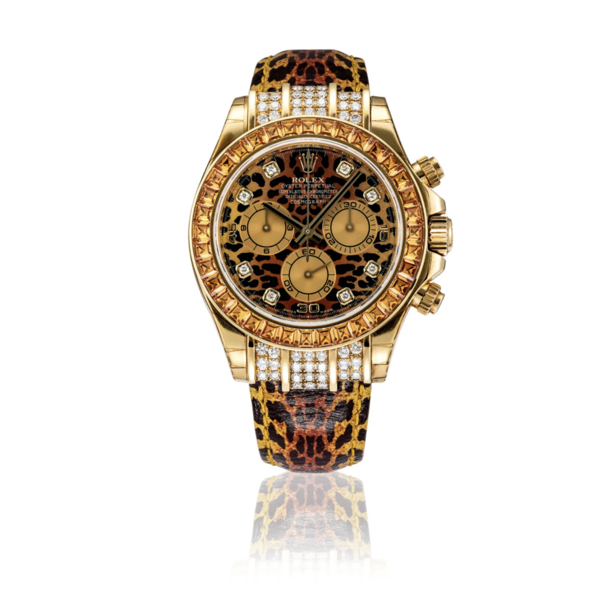 rolex-daytona-leopard-116598-lux.png Rolex Daytona ‘Leopard’ 116598SACO 18k Yellow Gold Diamond and Baguette Cut Orange Sapphire Set - Image 1